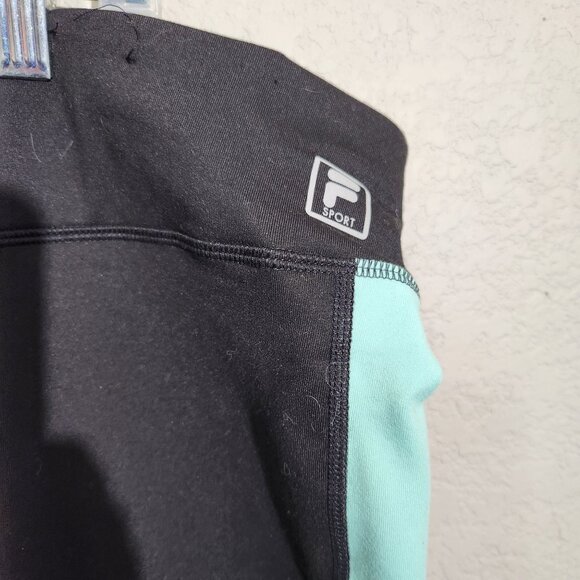 Fila Womens Black Capri Leggings Aqua White & Yellow Stripes Large Activewear - Picture 2 of 9